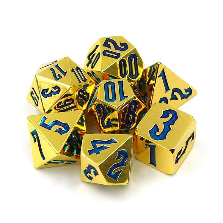 2024 White Dragon Scale Metal Gold Dice Set 7 Pcs with Green Edge Veet Pouch for Children playing Dungeons Dragons D&d Dnd