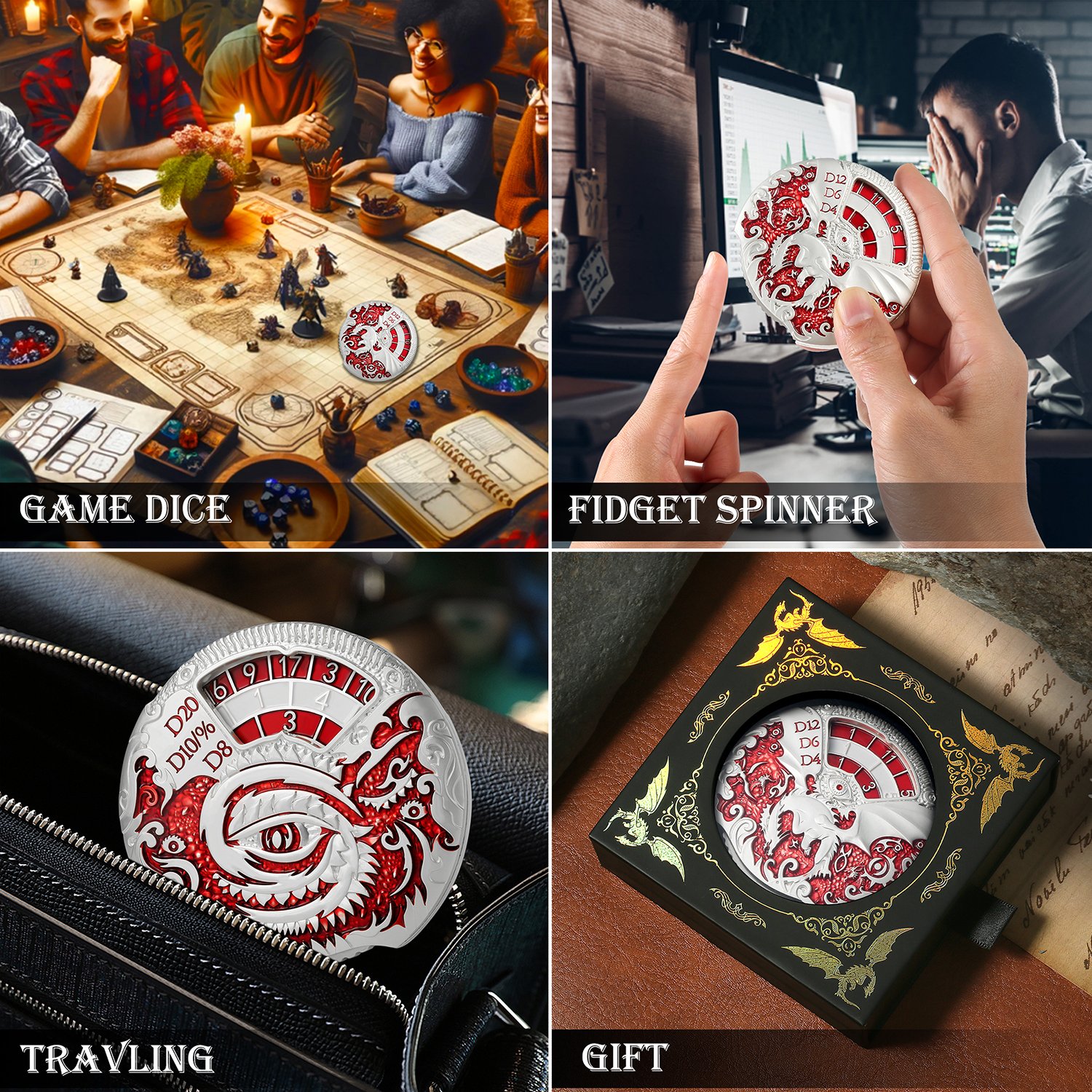 7-in-1 DND Dice Unique Rotating D&D Dice Set Spinner Metal Roulette Dice Fingertip Gyro for DND Warhammer and Role-Playing Games