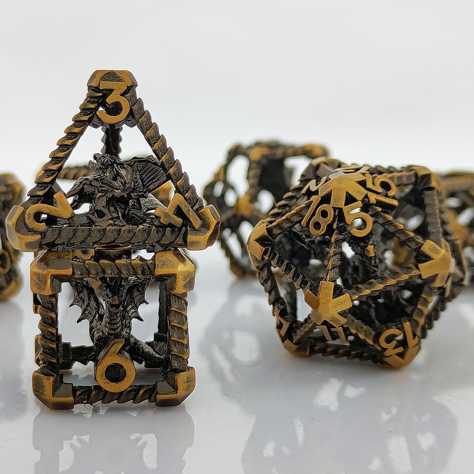 Mini Planet Wholesale RPG Board Games 3D Polyhedral Dragon Metal Dice Set Handmade Hollow Copper DND MTG Dice with Custom Logo