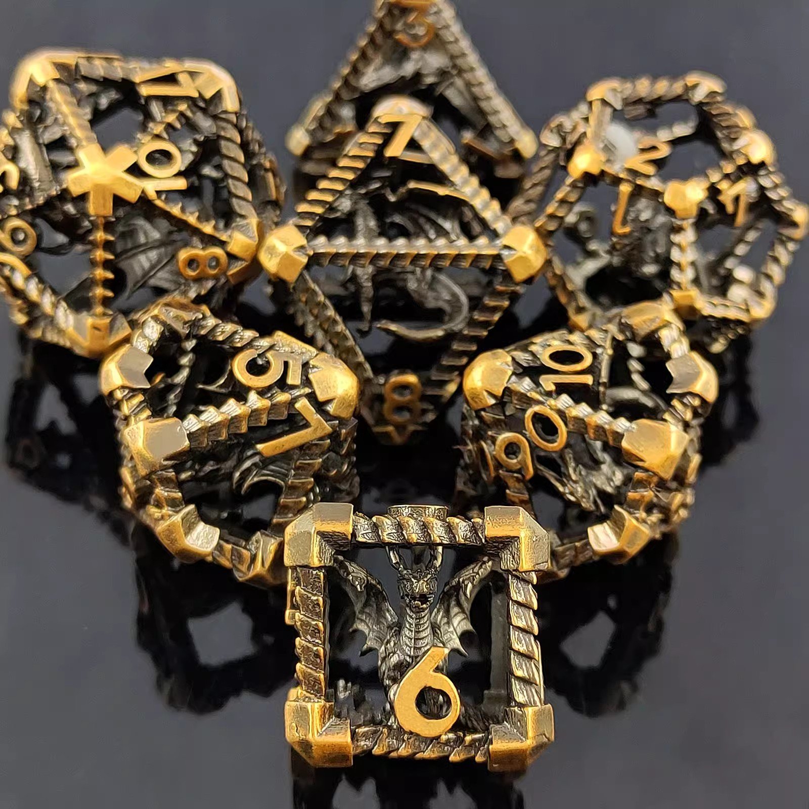 Mini Planet Wholesale RPG Board Games 3D Polyhedral Dragon Metal Dice Set Handmade Hollow Copper DND MTG Dice with Custom Logo