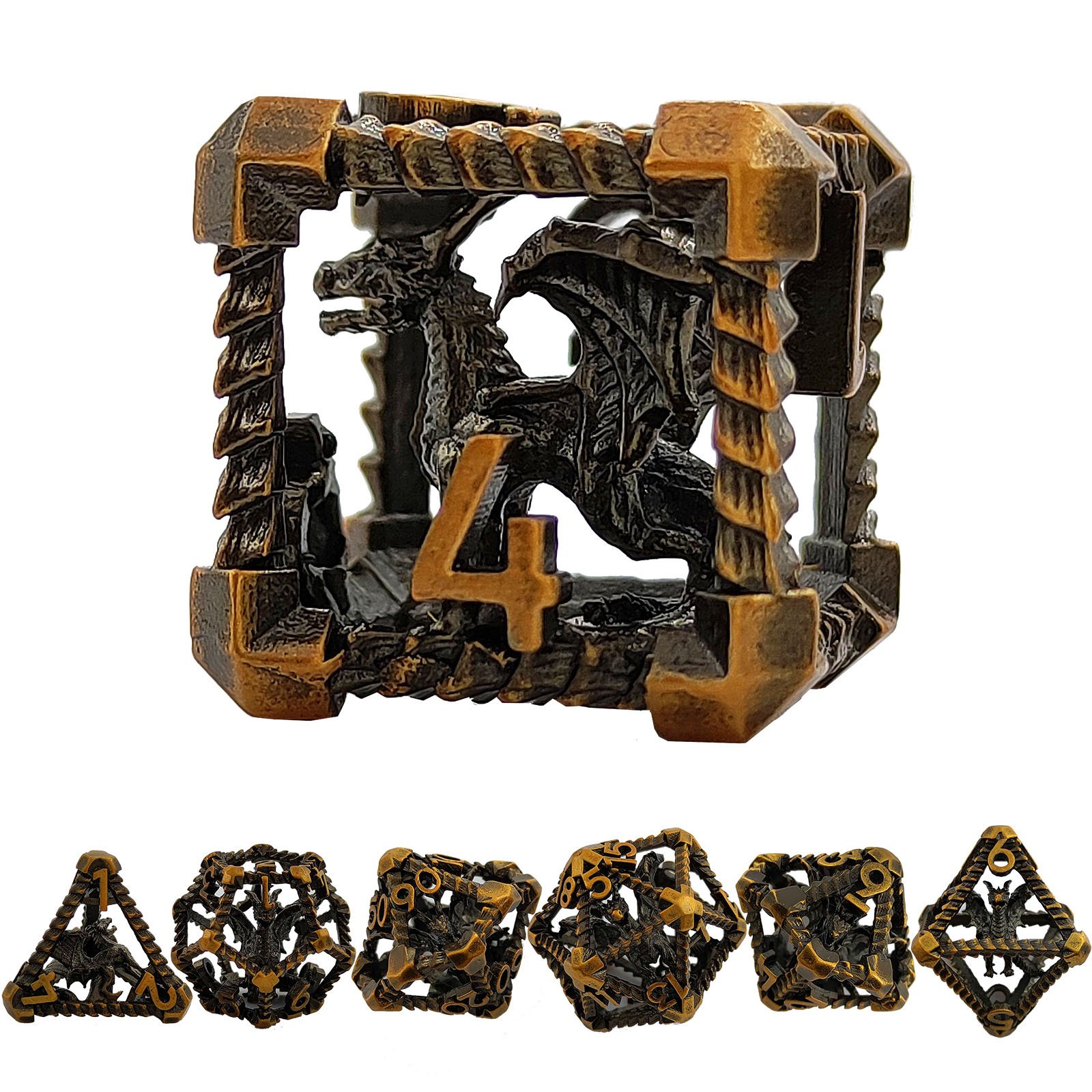 Mini Planet Wholesale RPG Board Games 3D Polyhedral Dragon Metal Dice Set Handmade Hollow Copper DND MTG Dice with Custom Logo