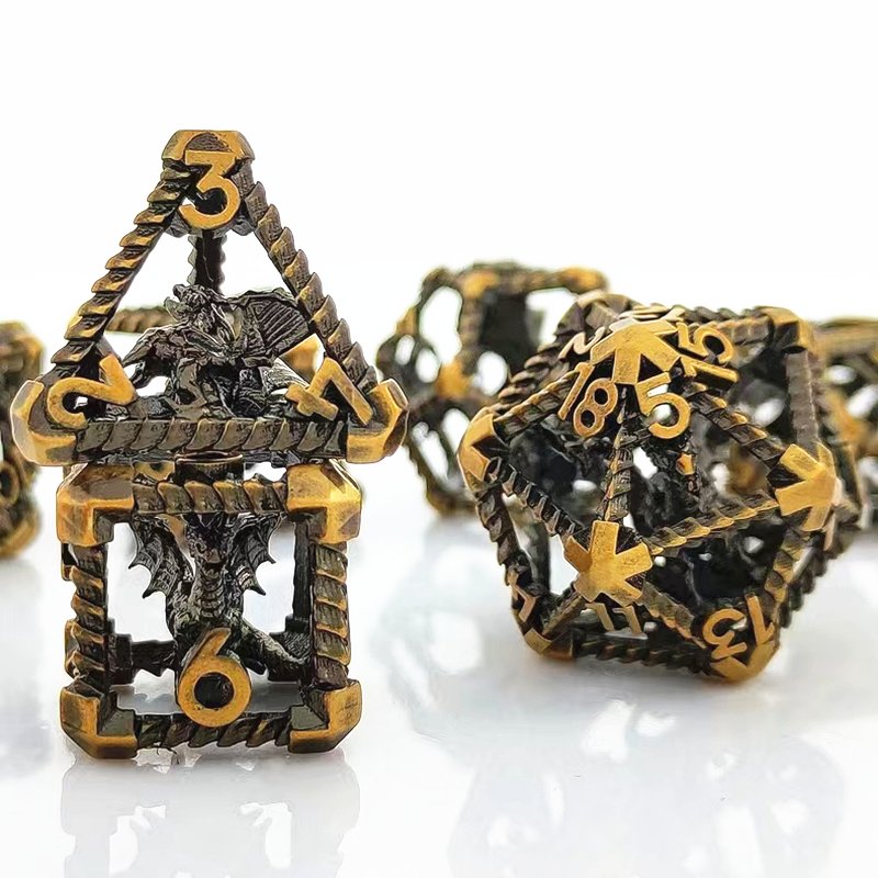 Mini Planet Wholesale RPG Board Games 3D Polyhedral Dragon Metal Dice Set Handmade Hollow Copper DND MTG Dice with Custom Logo