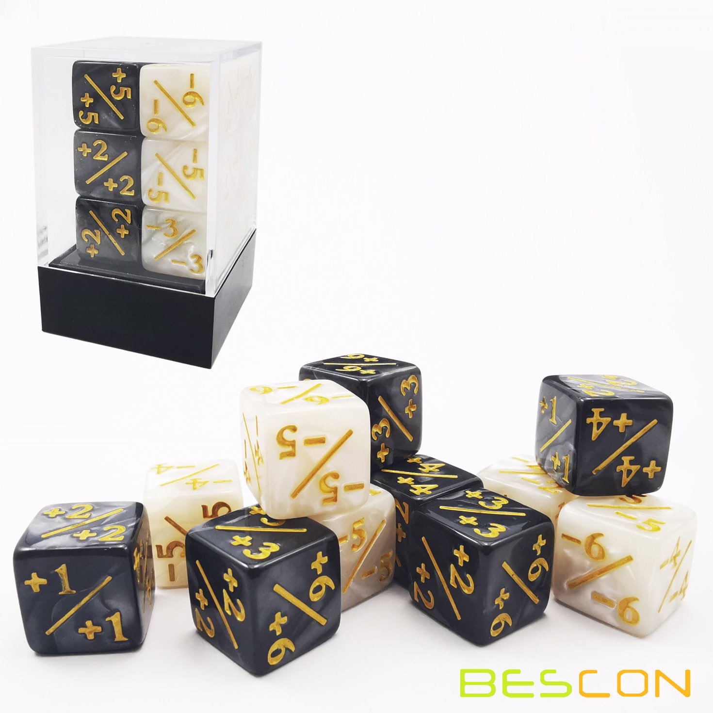 12pcs 16mm Positive and Negative D6 Dice Counters Set in Brick Box, Marble Token Dice Loyalty Dice Compatible with MTG, CCG, Car