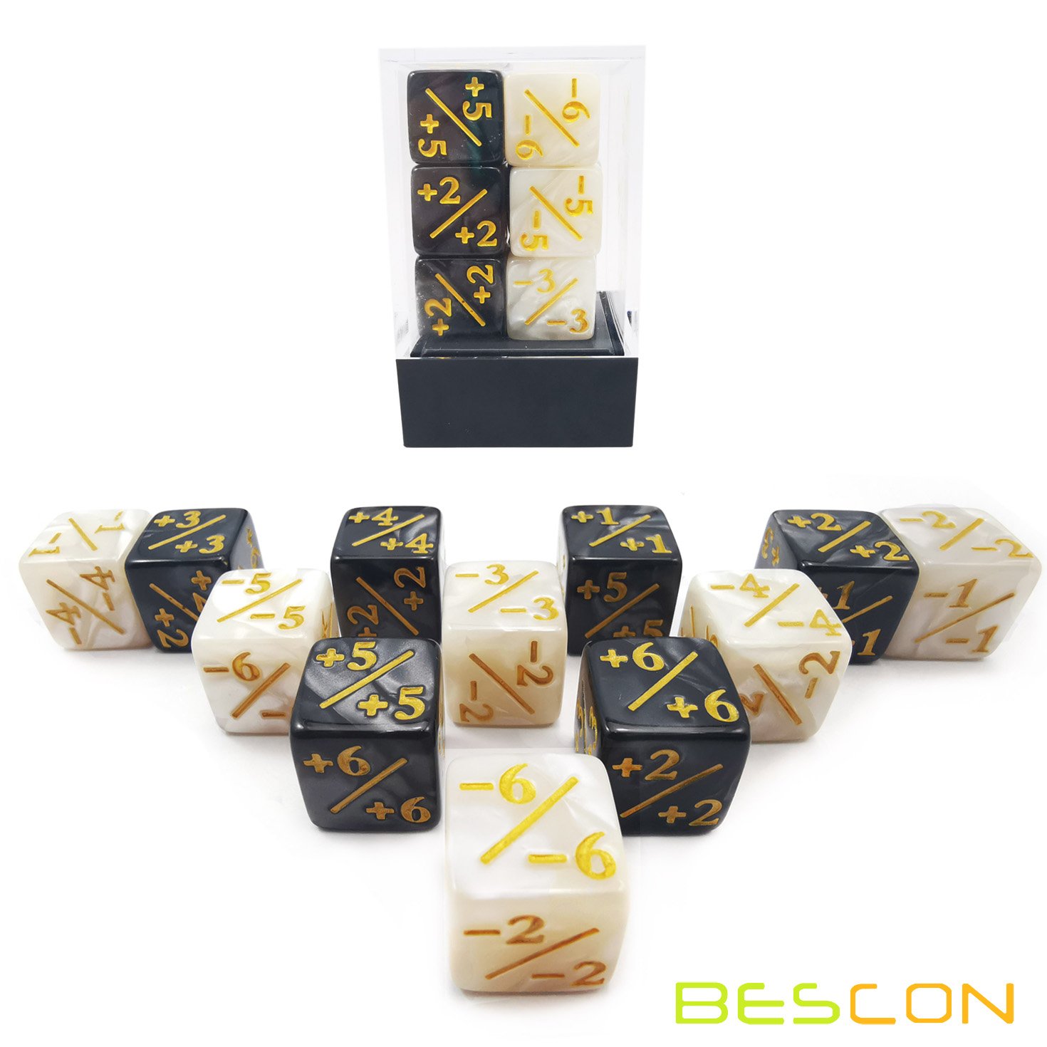 12pcs 16mm Positive and Negative D6 Dice Counters Set in Brick Box, Marble Token Dice Loyalty Dice Compatible with MTG, CCG, Car