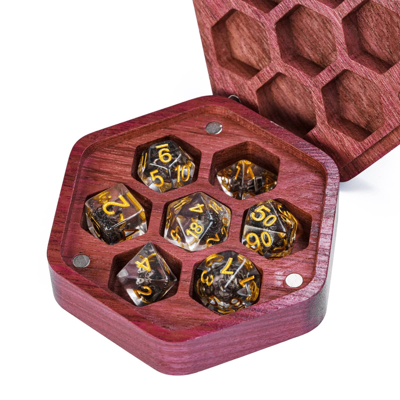 Udixi Hot sale Purple Heart Hexagon Wooden Dice Box RPG Dungeons and Dragons 7pcs Dice Case