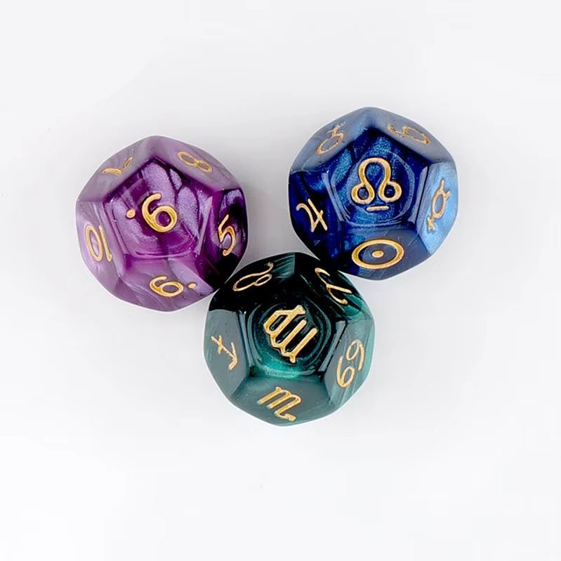3pcs D12 Marble Pearl Glitter Constellation Numbers Dice Zodiac Sign Toy Family Lucky Divination Funny Adult Game Astrology Dice