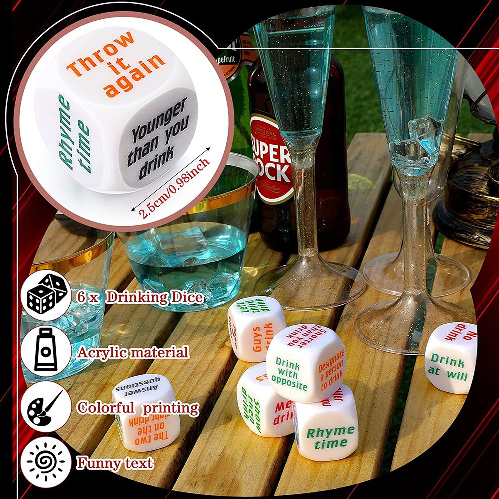 25mm Acrylic D6 Drinking Dice 6 Pieces Per Set English White Rounded Corners Dice Game Custom Dice