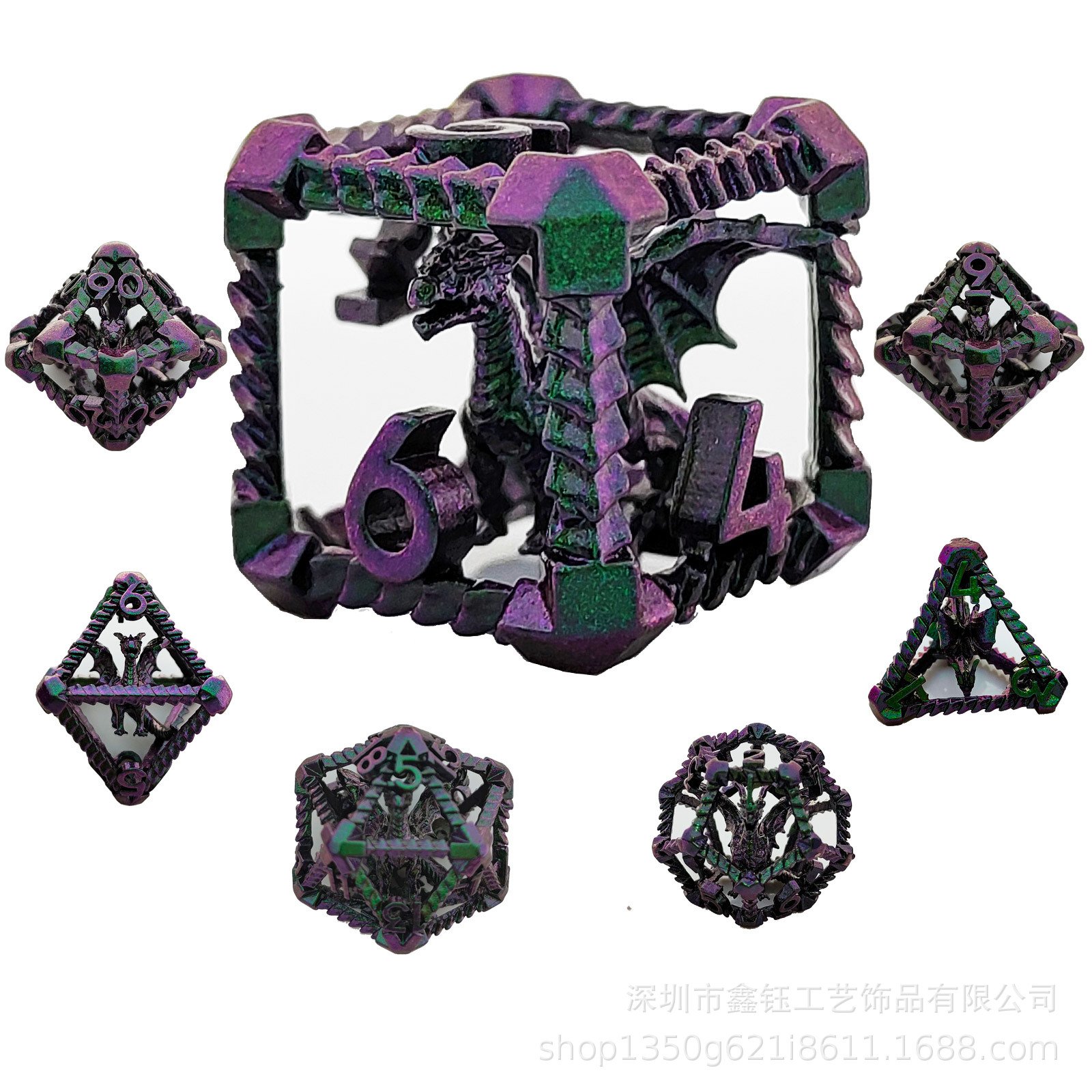 Mini Planet Wholesale RPG Board Games 3D Polyhedral Dragon Metal Dice Set Handmade Hollow Copper DND MTG Dice with Custom Logo