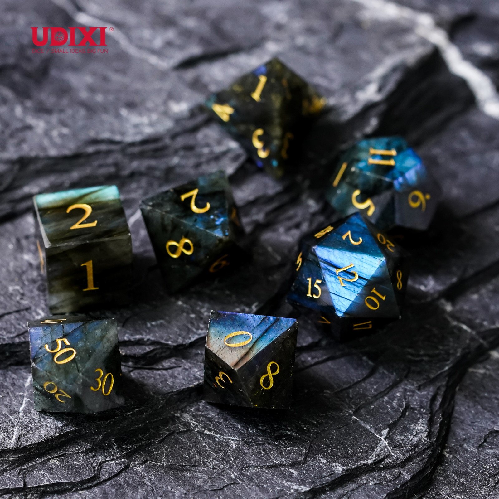 Udixi Polyhedral custom logo dungeons and dragons stone gemstone gem Labradorite cube dice game set
