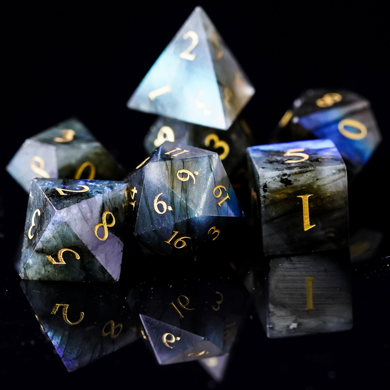 Udixi Polyhedral custom logo dungeons and dragons stone gemstone gem Labradorite cube dice game set