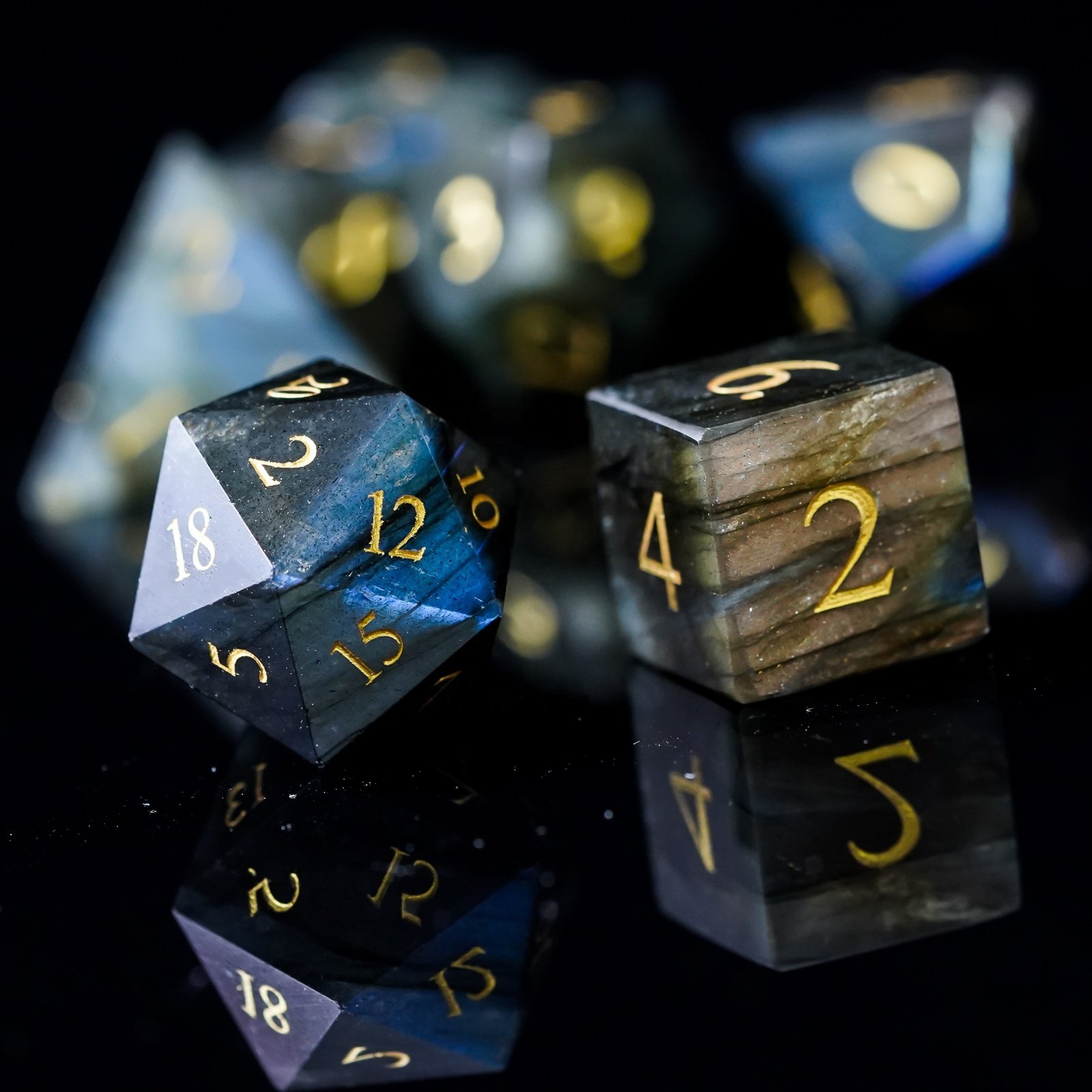 Udixi Polyhedral custom logo dungeons and dragons stone gemstone gem Labradorite cube dice game set