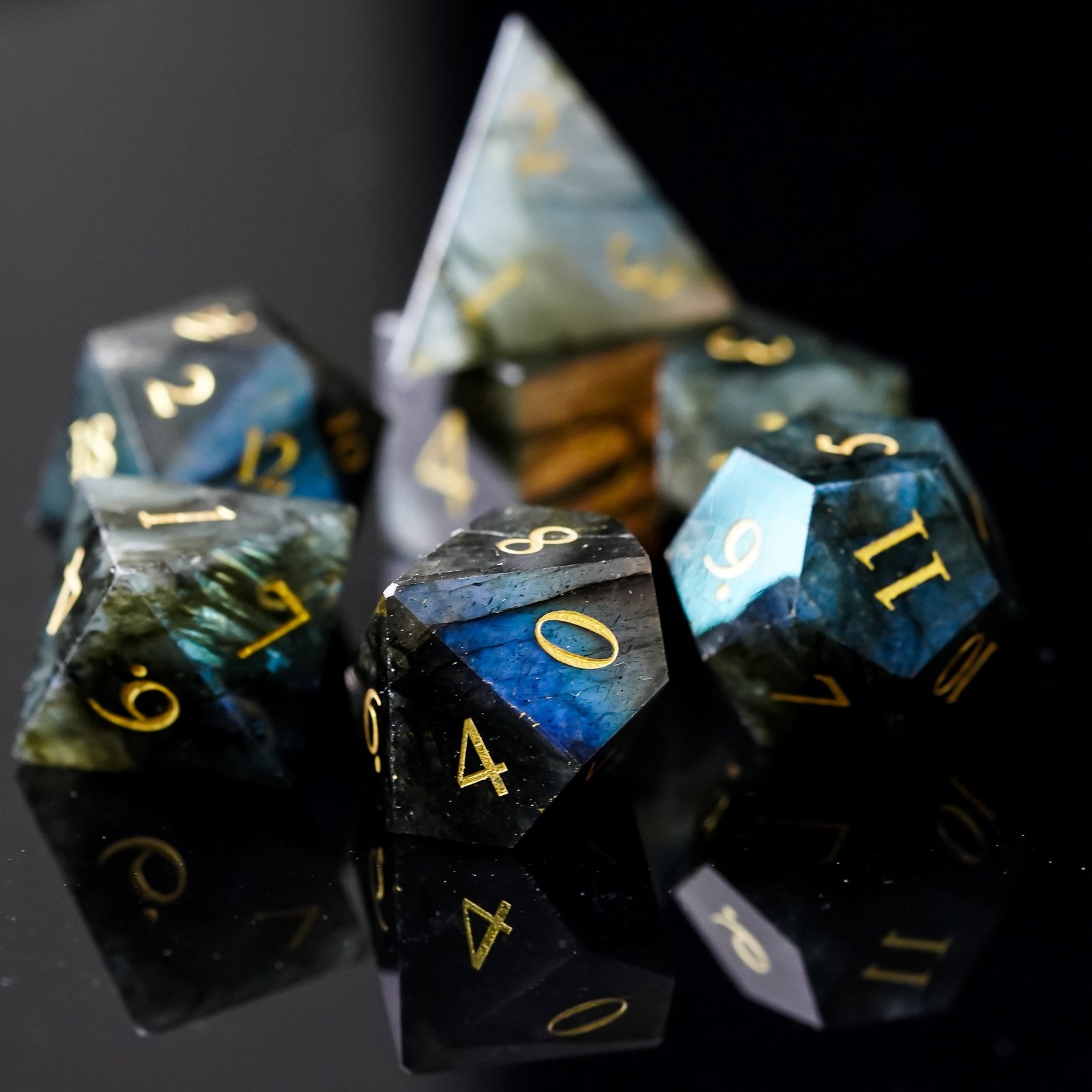 Udixi Polyhedral custom logo dungeons and dragons stone gemstone gem Labradorite cube dice game set