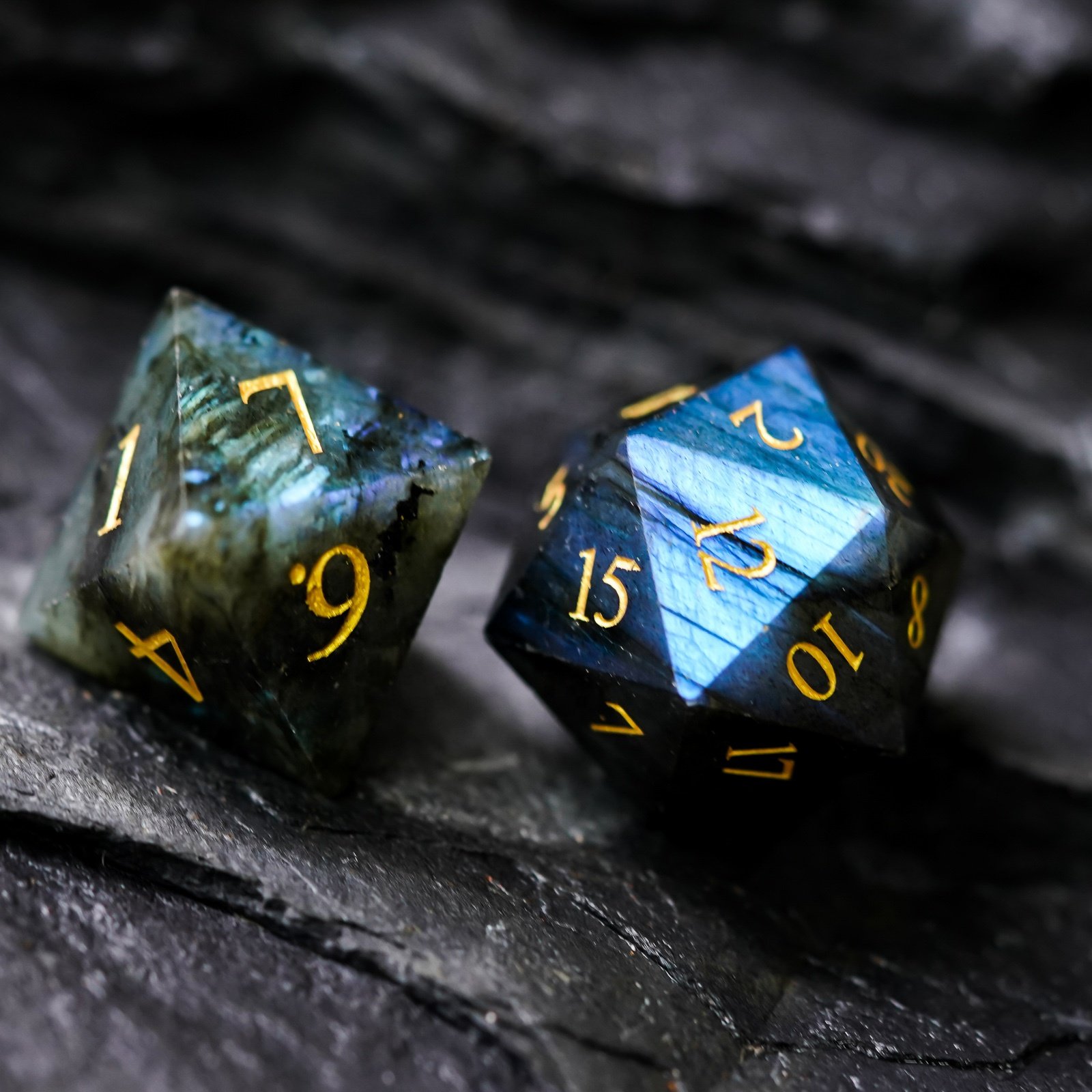Udixi Polyhedral custom logo dungeons and dragons stone gemstone gem Labradorite cube dice game set