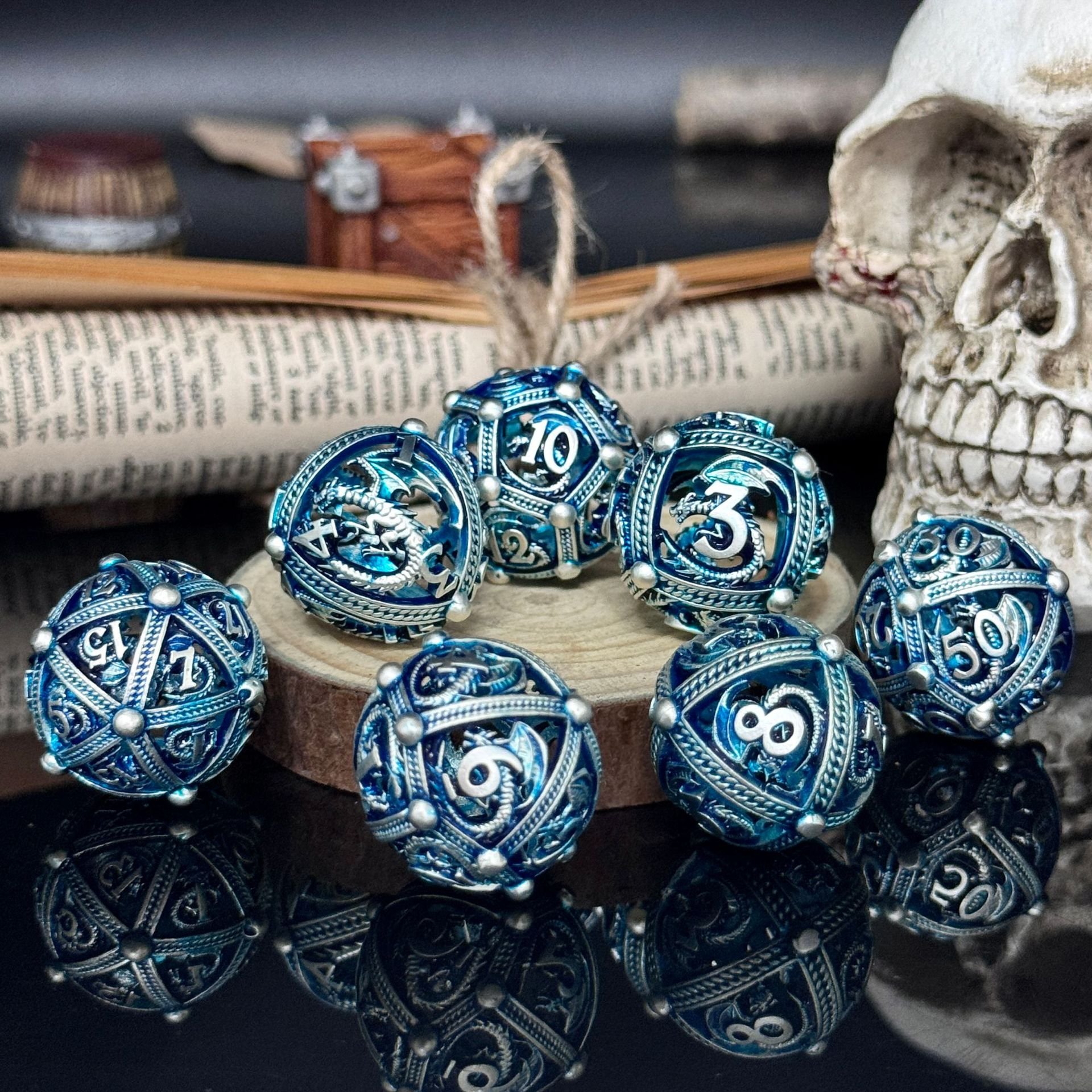 Custom Casino Rpg Polyhedral Skeleton Metal Dice Set Team Game Dice Set Metal D&D Skeleton Metal Dice
