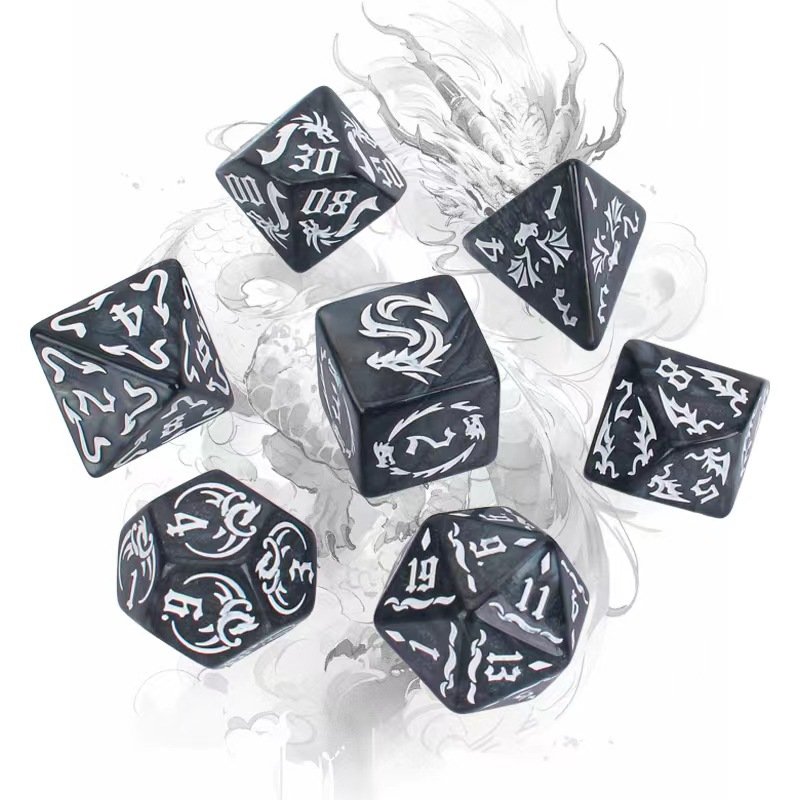 In Stock Custom Logo Dragon Pattern Polyhedral Gaming Dice Set Marble 16mm acrylic dice set for DND RPG MTG role games