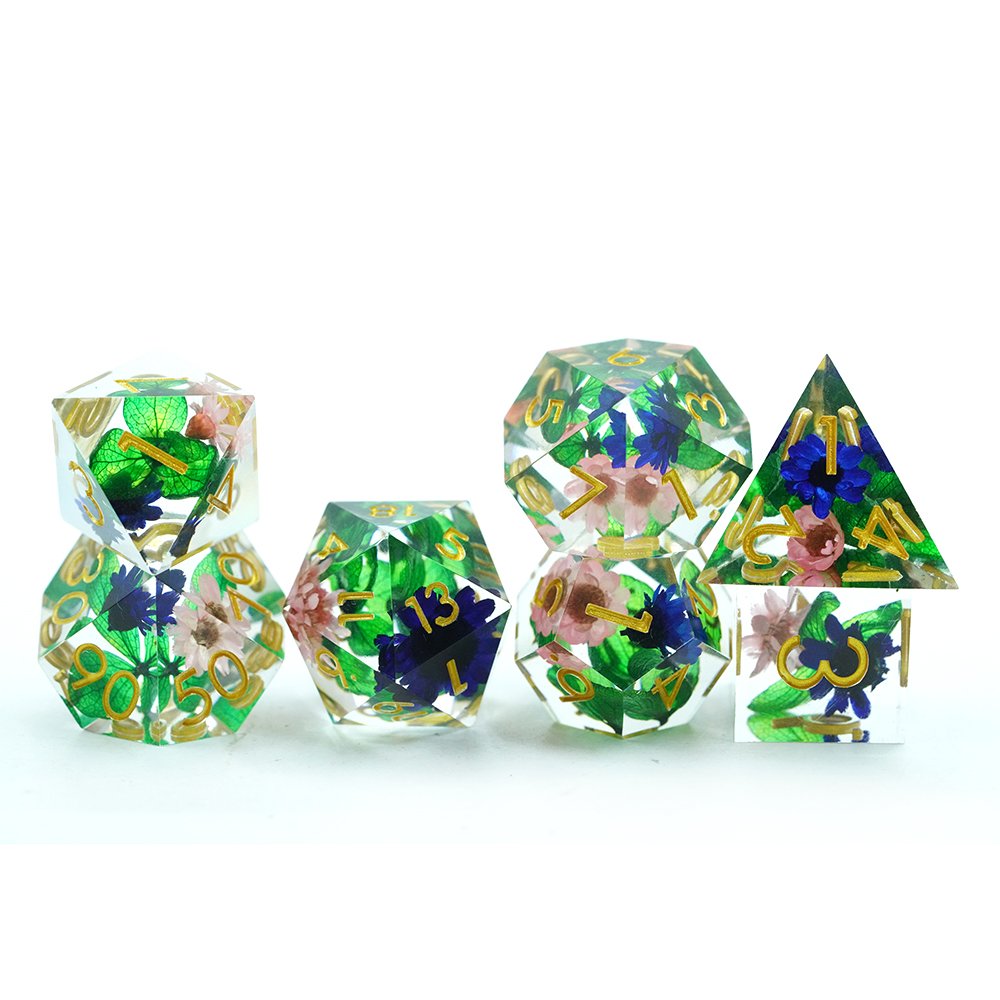 Sharp Edge Resin Dice Set 7 Die Polyhedral Dnd Dice Set Blue Flower Green leaves Resin Dice D&d For Dungeons And Dragons