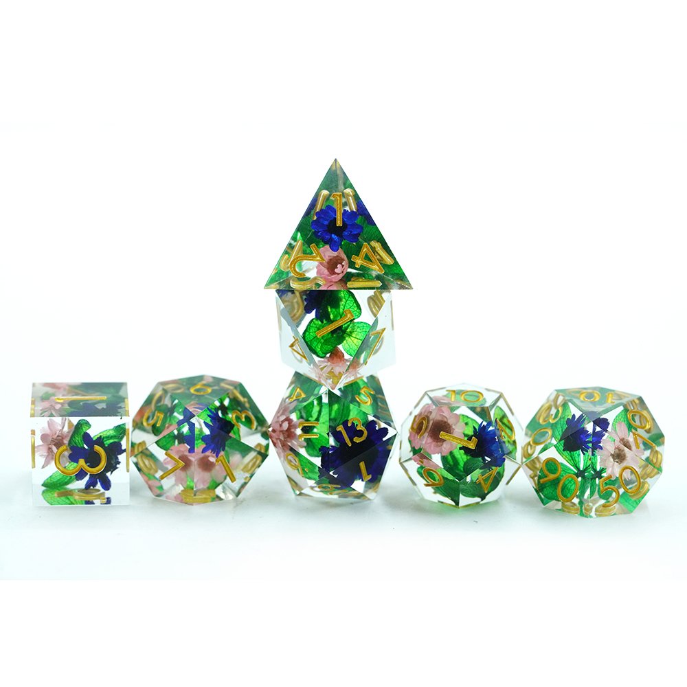 Sharp Edge Resin Dice Set 7 Die Polyhedral Dnd Dice Set Blue Flower Green leaves Resin Dice D&d For Dungeons And Dragons