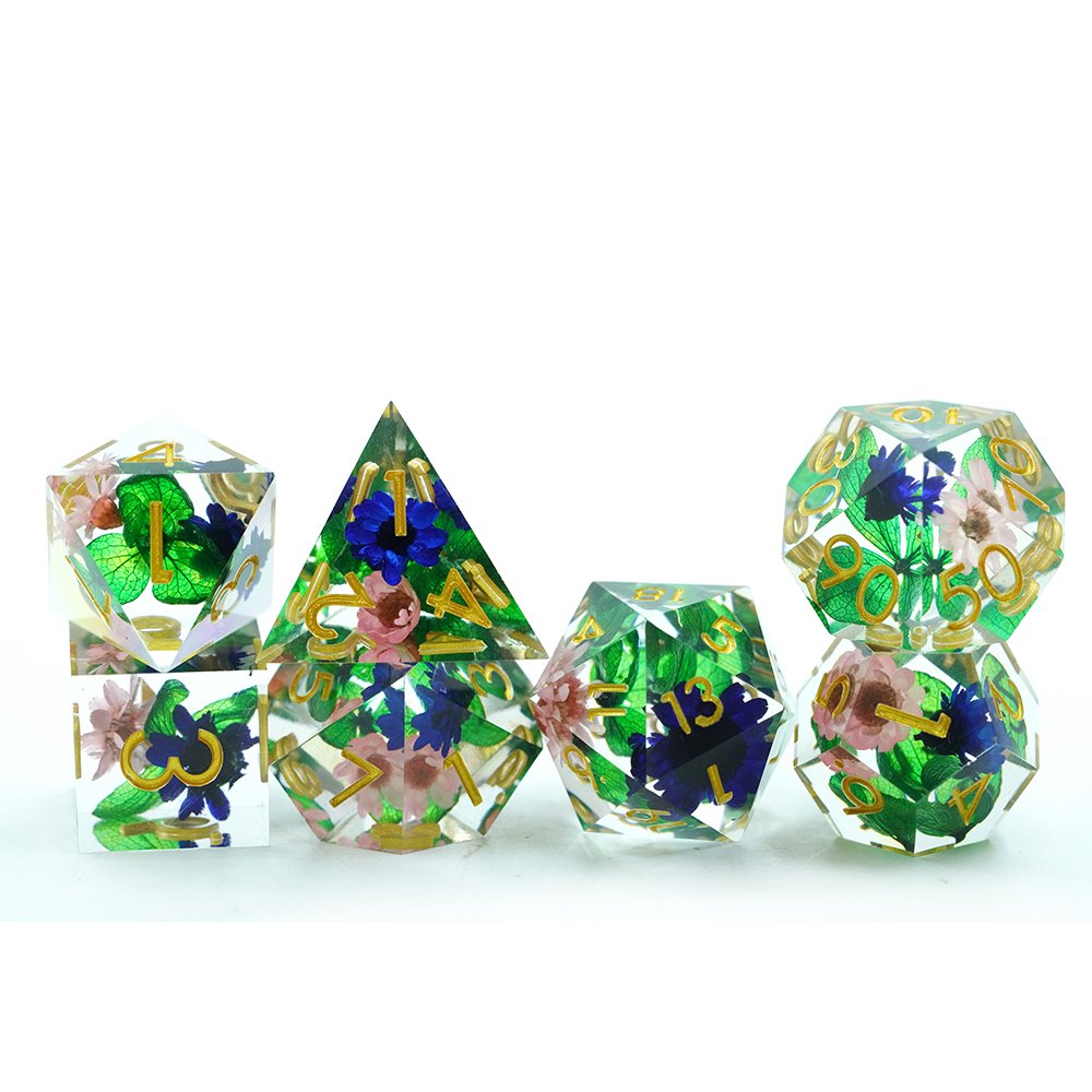 Sharp Edge Resin Dice Set 7 Die Polyhedral Dnd Dice Set Blue Flower Green leaves Resin Dice D&d For Dungeons And Dragons