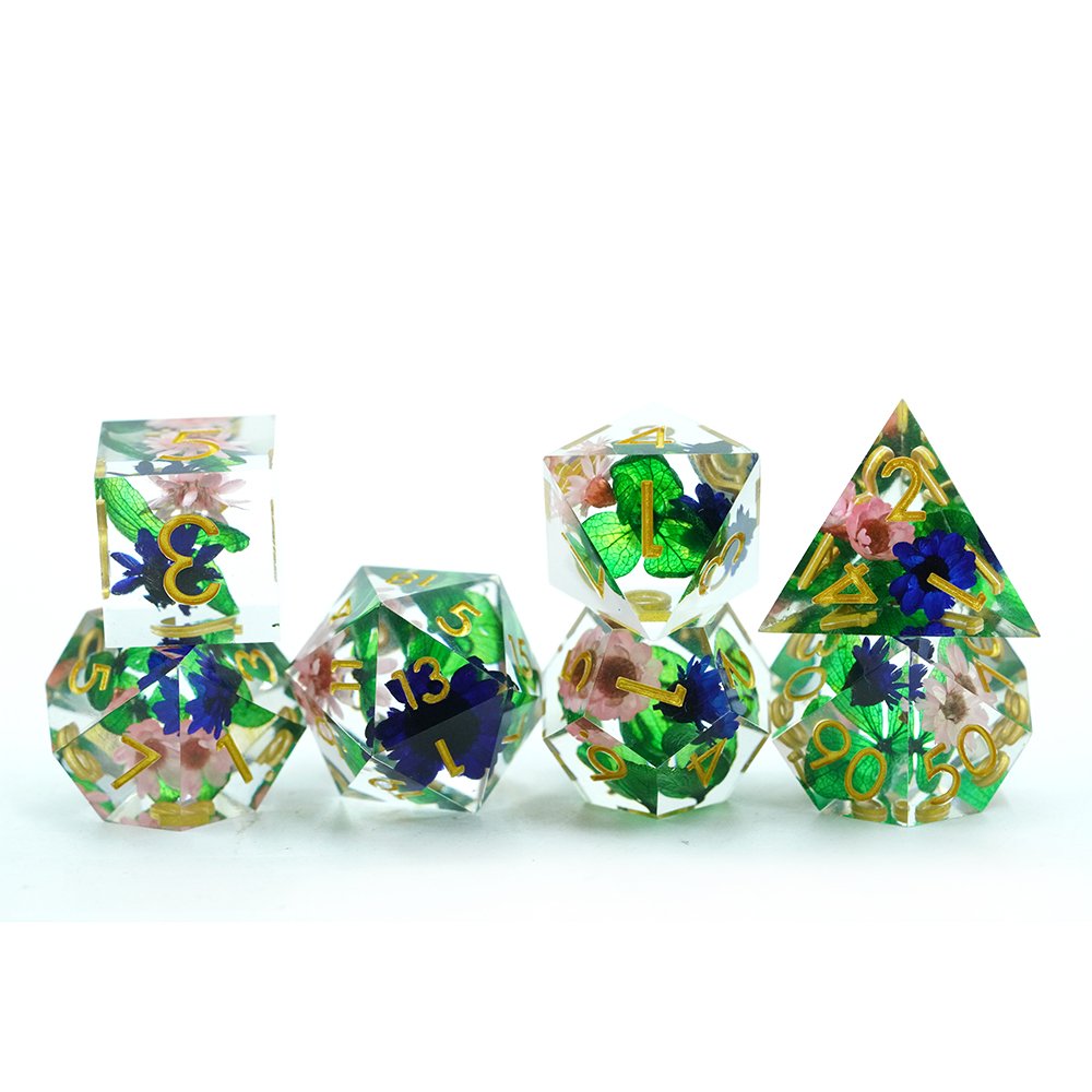 Sharp Edge Resin Dice Set 7 Die Polyhedral Dnd Dice Set Blue Flower Green leaves Resin Dice D&d For Dungeons And Dragons