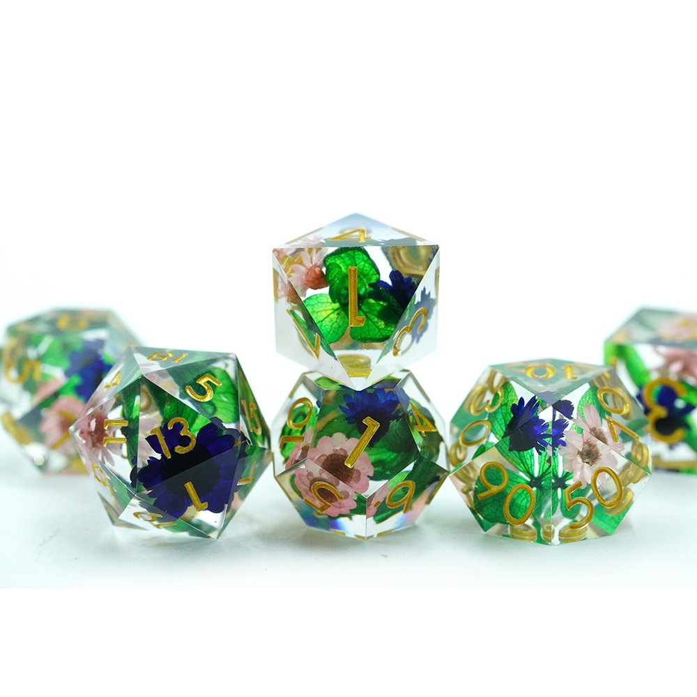 Sharp Edge Resin Dice Set 7 Die Polyhedral Dnd Dice Set Blue Flower Green leaves Resin Dice D&d For Dungeons And Dragons