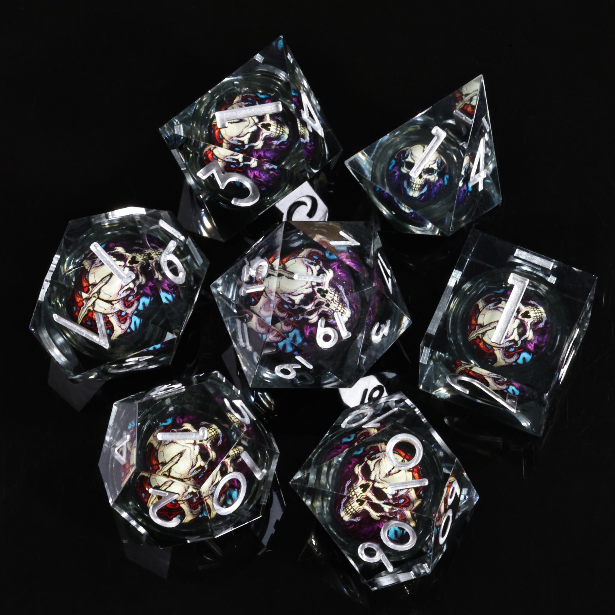 MINI PLANET Handmade DND Dice Set Skull Liquid Core Dice For TRPG Desktop Game Dragon and Dungeon Custom Polyhedral Resin Dice