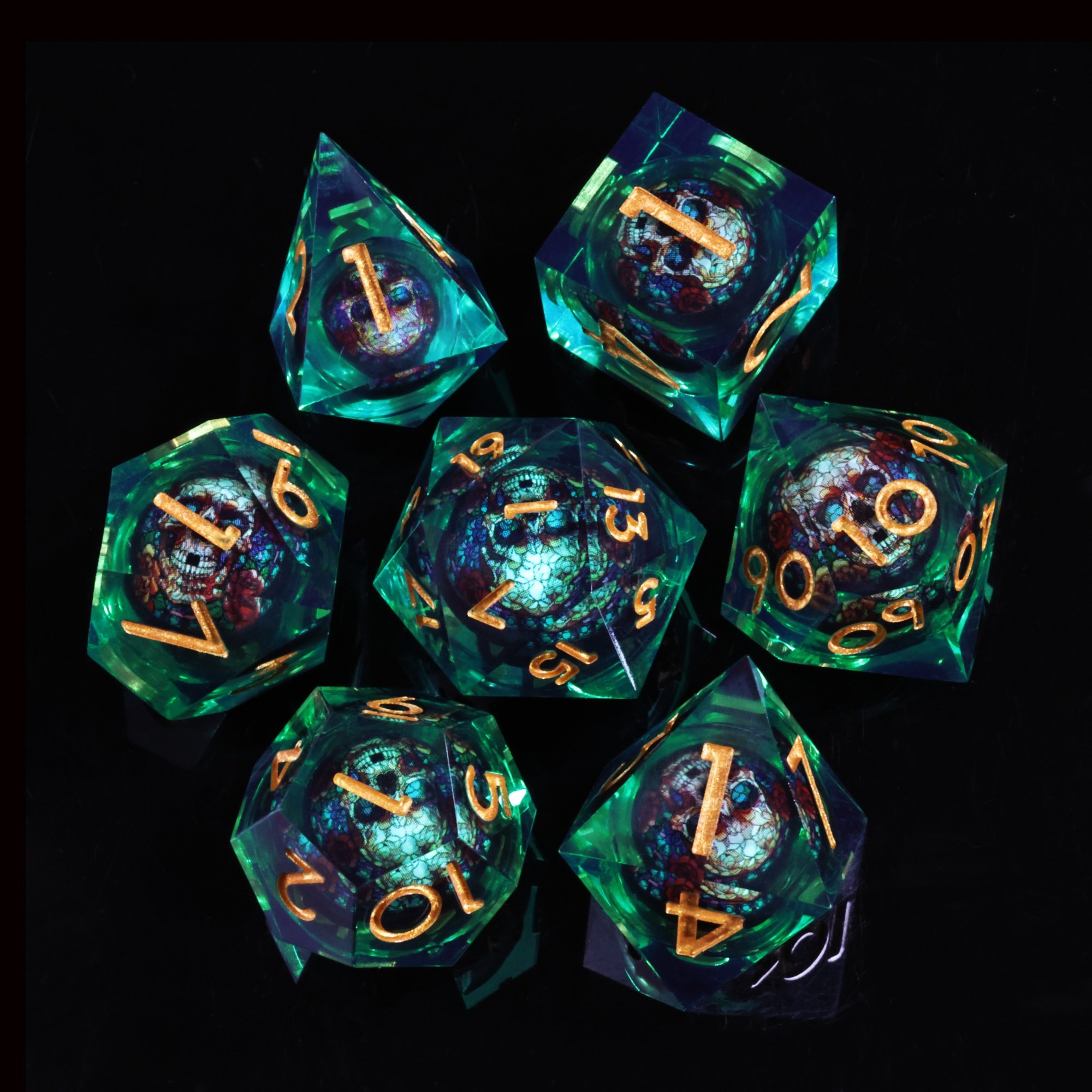 MINI PLANET Handmade DND Dice Set Skull Liquid Core Dice For TRPG Desktop Game Dragon and Dungeon Custom Polyhedral Resin Dice