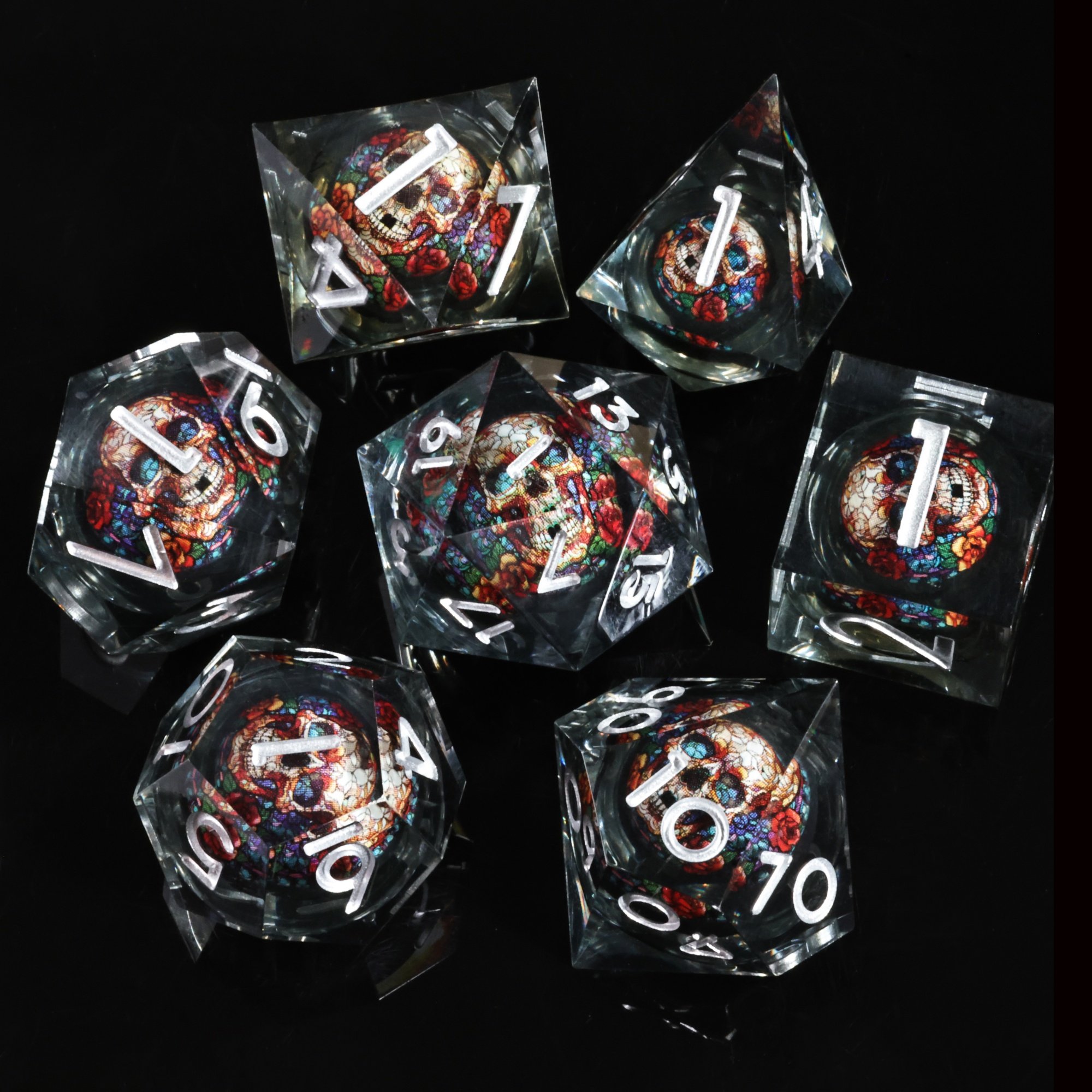 MINI PLANET Handmade DND Dice Set Skull Liquid Core Dice For TRPG Desktop Game Dragon and Dungeon Custom Polyhedral Resin Dice