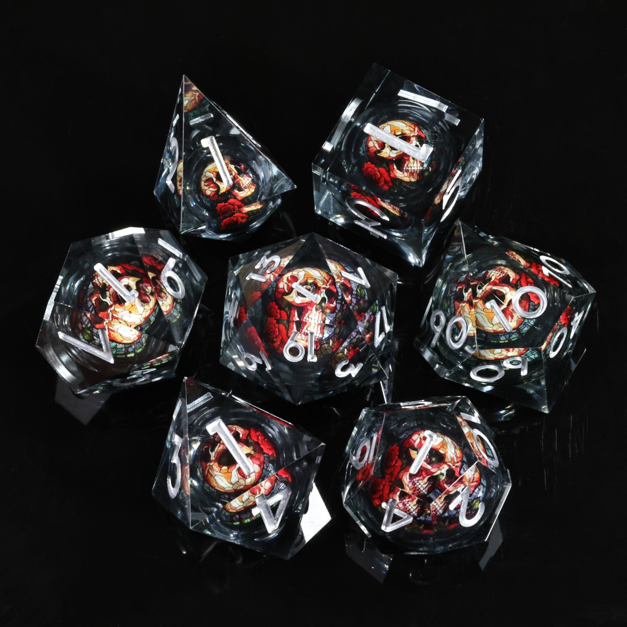 MINI PLANET Handmade DND Dice Set Skull Liquid Core Dice For TRPG Desktop Game Dragon and Dungeon Custom Polyhedral Resin Dice