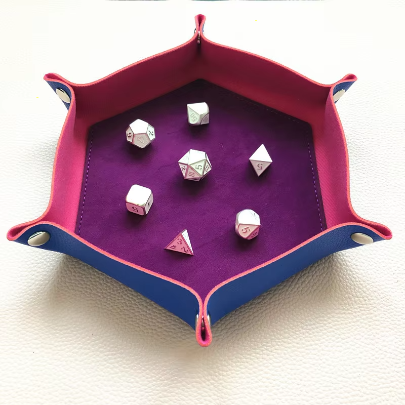 Two-Color Hexagonal Dice Tray 18*18*5cm PU Leather Dice Tray Folding Tray Logo Printing And Embossing Customization