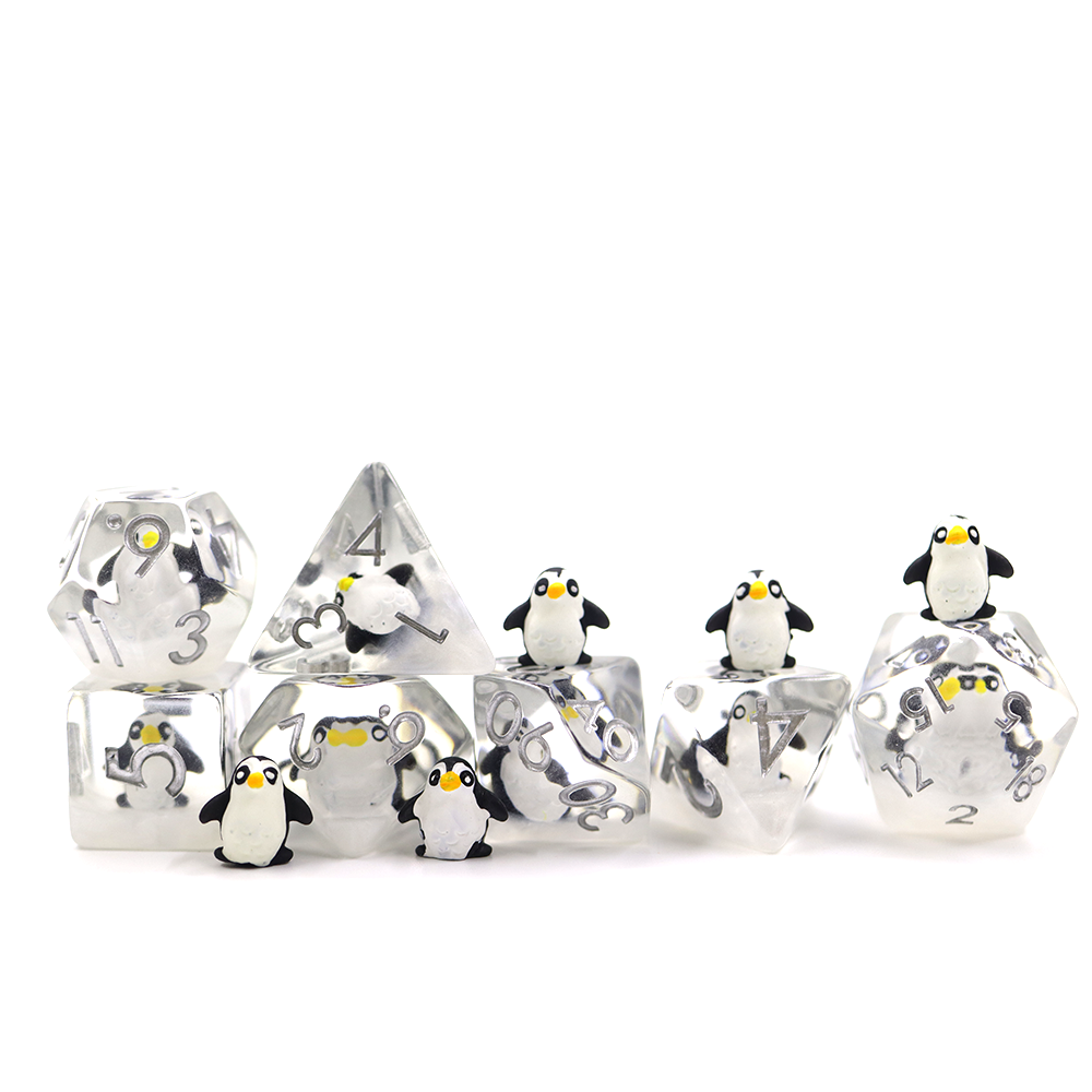 Clear Polyhedral Resin DND Dice Set Round Edge With Penguins Inside DND RPG Table Game Dice Set