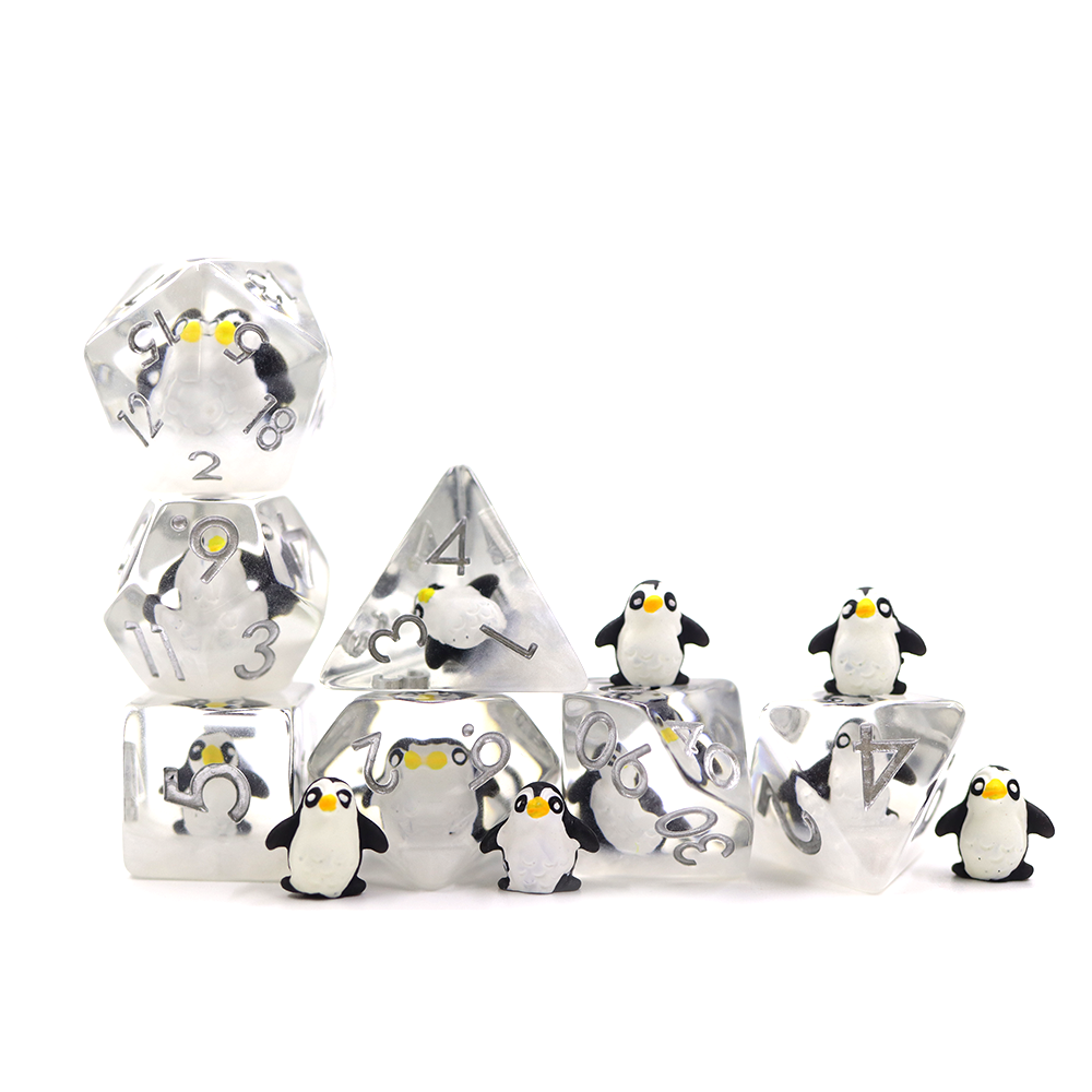 Clear Polyhedral Resin DND Dice Set Round Edge With Penguins Inside DND RPG Table Game Dice Set