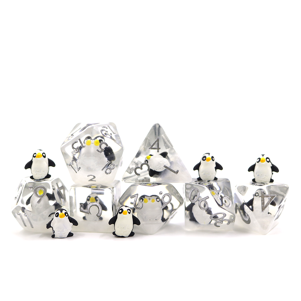 Clear Polyhedral Resin DND Dice Set Round Edge With Penguins Inside DND RPG Table Game Dice Set