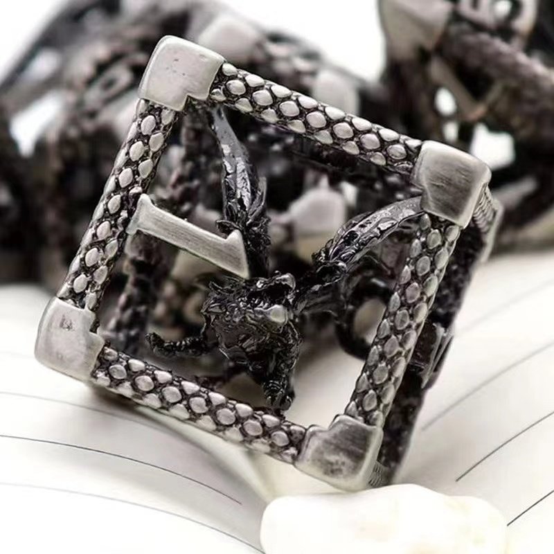 Hollow Metal DND Dice Set 7PCs Flying Dragon Green White D&D Dice Set with Leather Dice Bag for Dungeons and Dragons TTRPG Gift