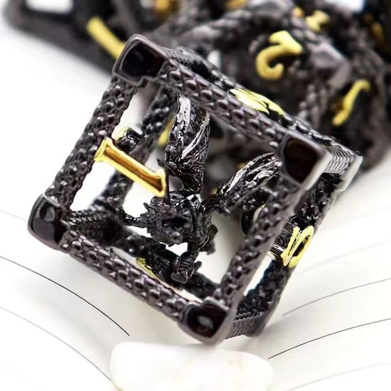 Hollow Metal DND Dice Set 7PCs Flying Dragon Green White D&D Dice Set with Leather Dice Bag for Dungeons and Dragons TTRPG Gift