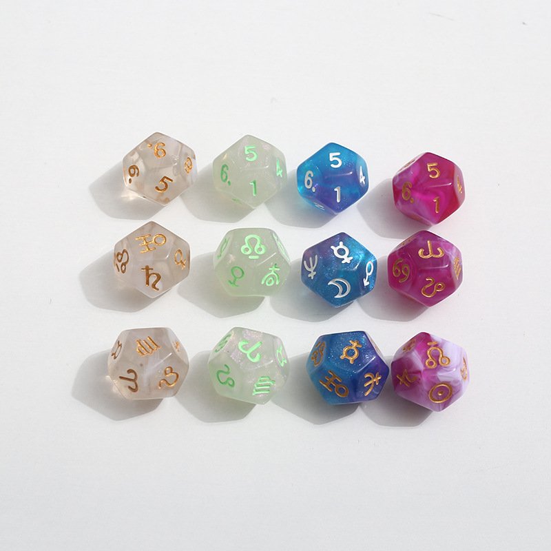3pcs per unit acrylic flash powder colorful constellation divination Fortune-telling 12-face poker dice16mm Board Dice Game