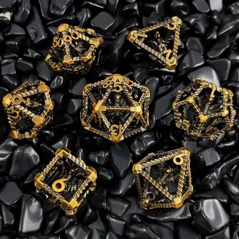 Mini Planet Wholesale RPG Board Games 3D Polyhedral Dragon Metal Dice Set Handmade Hollow Copper DND MTG Dice with Custom Logo