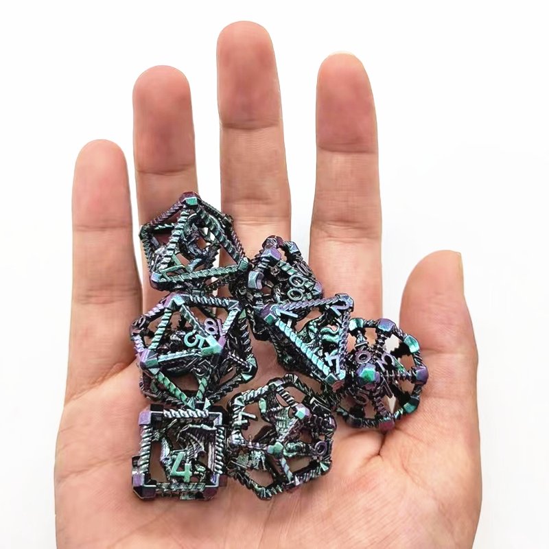 Mini Planet Wholesale RPG Board Games 3D Polyhedral Dragon Metal Dice Set Handmade Hollow Copper DND MTG Dice with Custom Logo