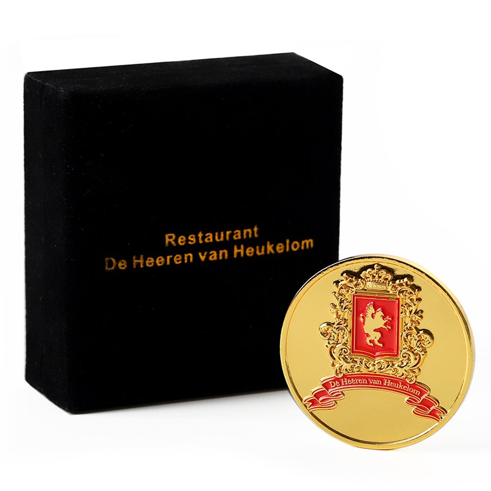 Custom Chip Coin Poker Game Token 3D Enamel Challenge Commemorative Coin With Stand Red Color Velvet Box