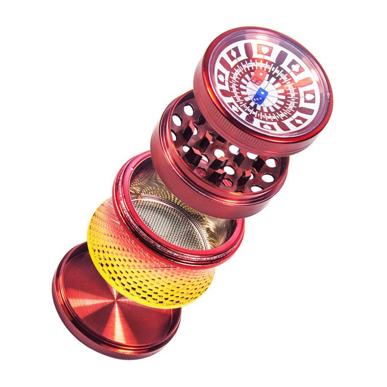 Customs Logo 4-Layer 63mm Sieve Turntable Metal Herb Smoke Tobacco Grinder Poker Bargaining Chip Lighters Smoking Accessories