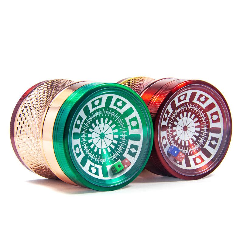 Customs Logo 4-Layer 63mm Sieve Turntable Metal Herb Smoke Tobacco Grinder Poker Bargaining Chip Lighters Smoking Accessories