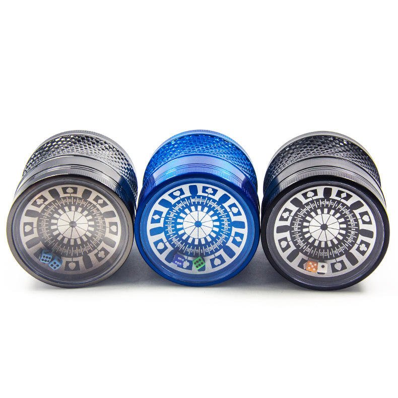 Customs Logo 4-Layer 63mm Sieve Turntable Metal Herb Smoke Tobacco Grinder Poker Bargaining Chip Lighters Smoking Accessories