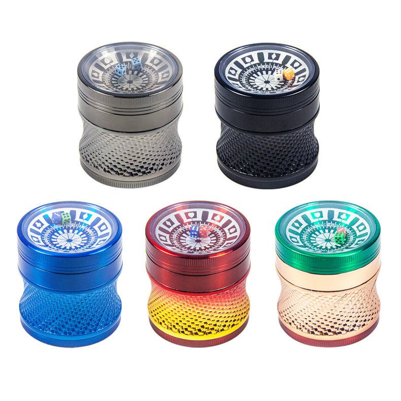 Customs Logo 4-Layer 63mm Sieve Turntable Metal Herb Smoke Tobacco Grinder Poker Bargaining Chip Lighters Smoking Accessories