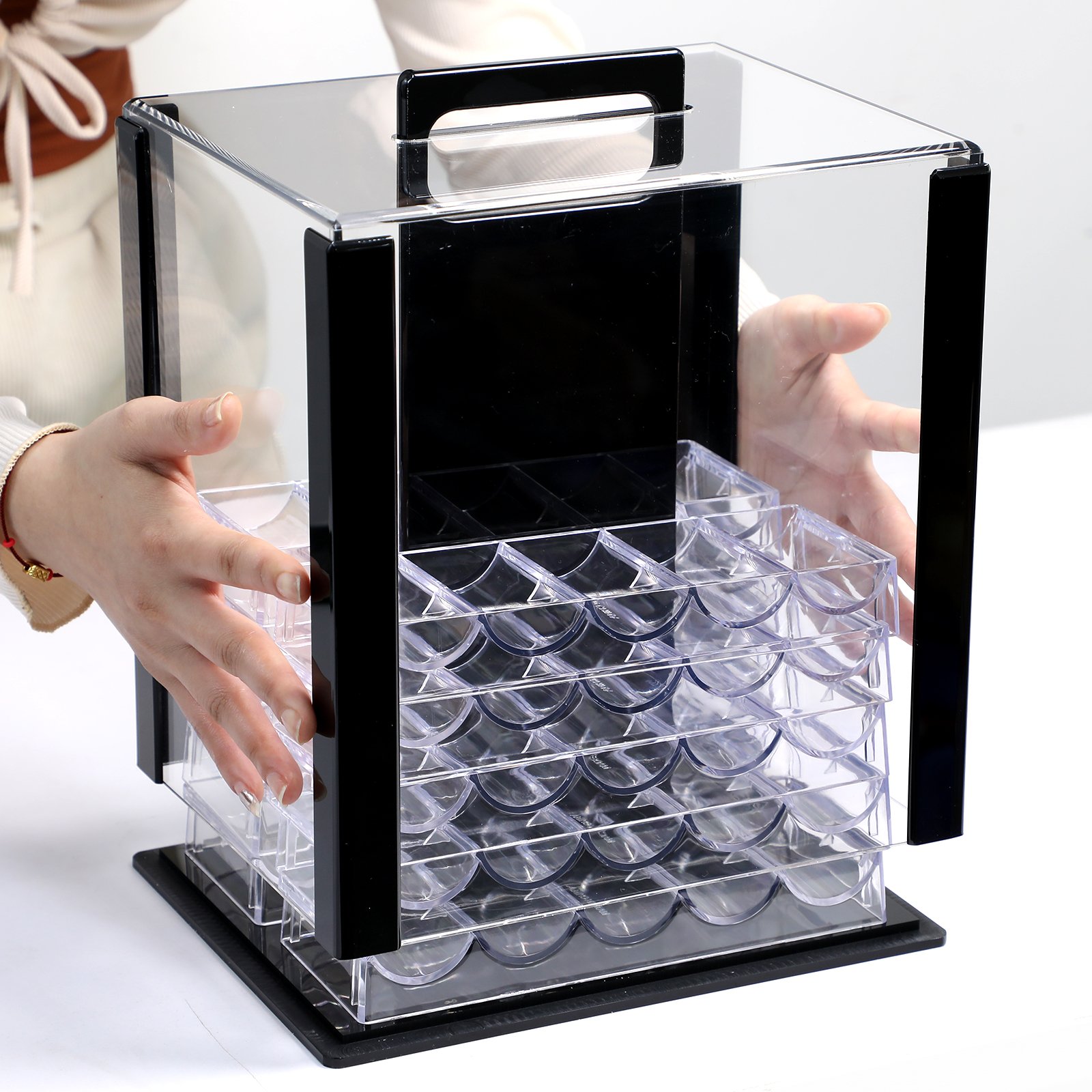 Poker Chips Suitcase With Password 1000pcs Acrylic Transparent Double Open Boxes With 10 Chip Trays