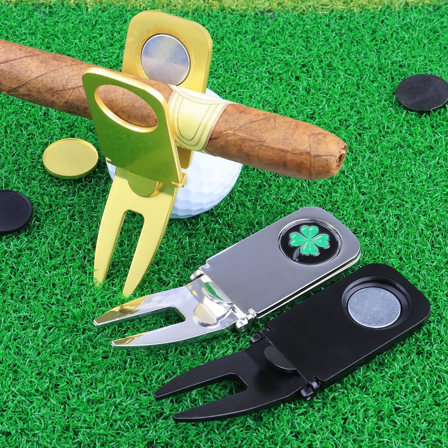 Low MOQ Removable Marker Clover design Gold Silver Black Finished Cigar Holder Golf Divot Tool