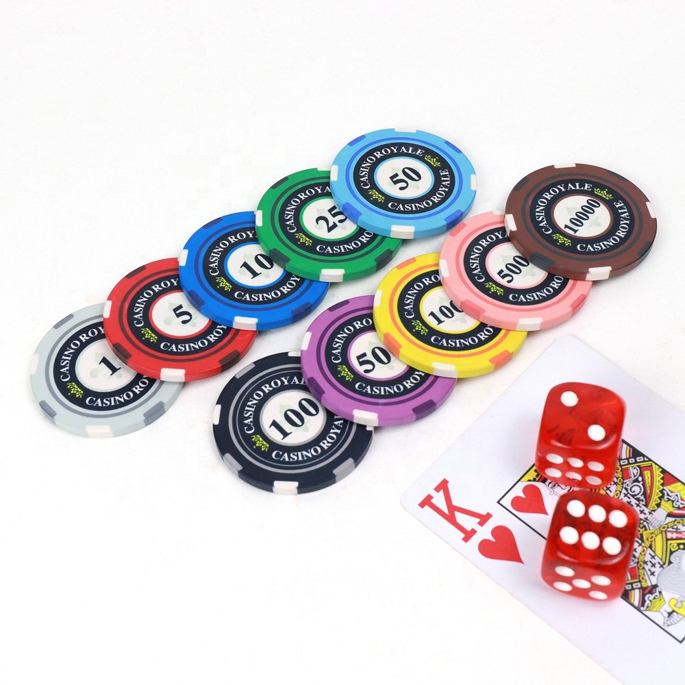 Casino royale ceramic poker chips 39mm 10g colored chips with custom denomination design 500pcs per inner foam box for games