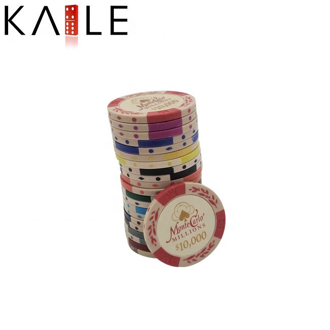 14g two tone clay poker chips monto carlo with unique factory custom colorful denominations stickers for gambling accessaries