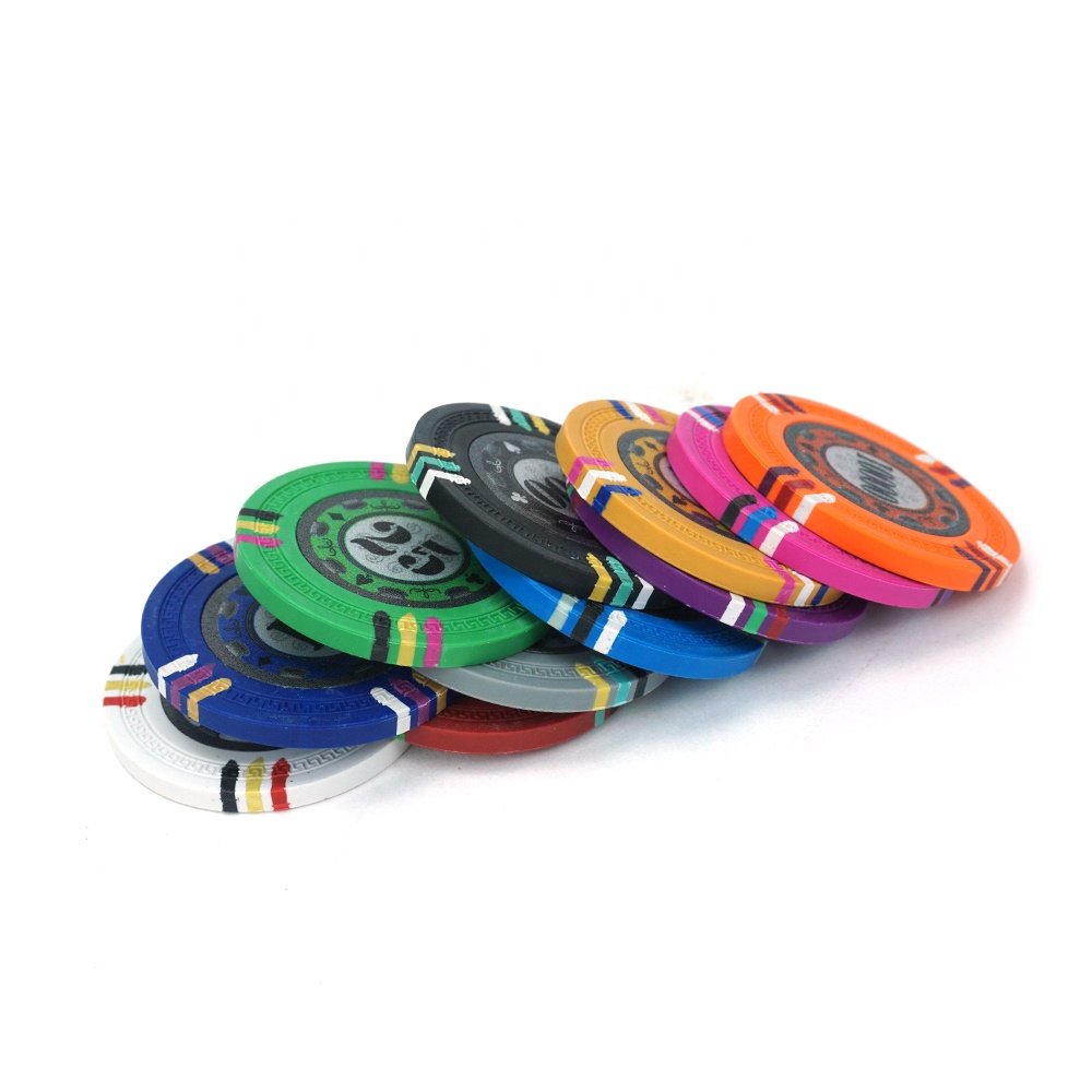 12 stripe clay poker chips 40mm compression molded multi colors chip with custom logo denomination sticker for casino grade game