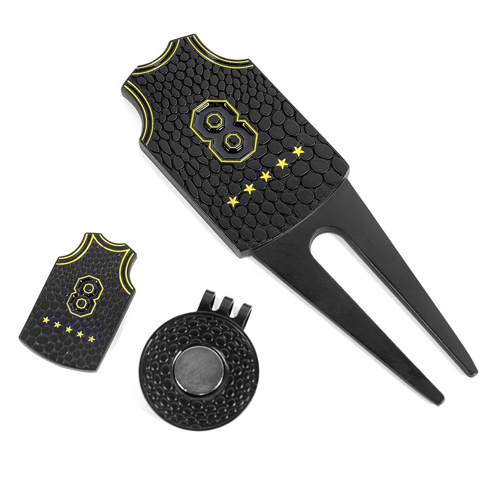 Wholesale Black Jersey #8 Double-sided Golf Gift Box Set Enamel Ball Marker Magnetic Hat Clip Divot Tool Pitch Fork