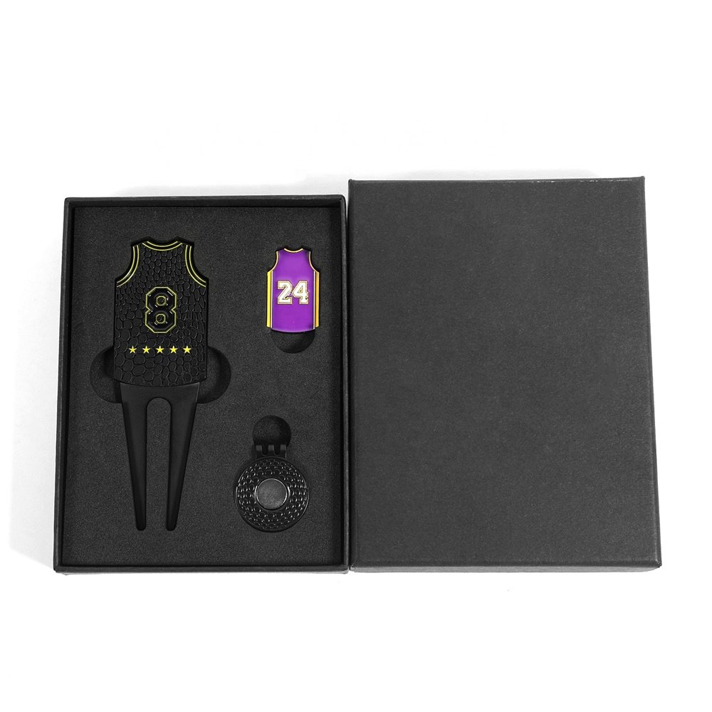 Wholesale Black Jersey #8 Double-sided Golf Gift Box Set Enamel Ball Marker Magnetic Hat Clip Divot Tool Pitch Fork