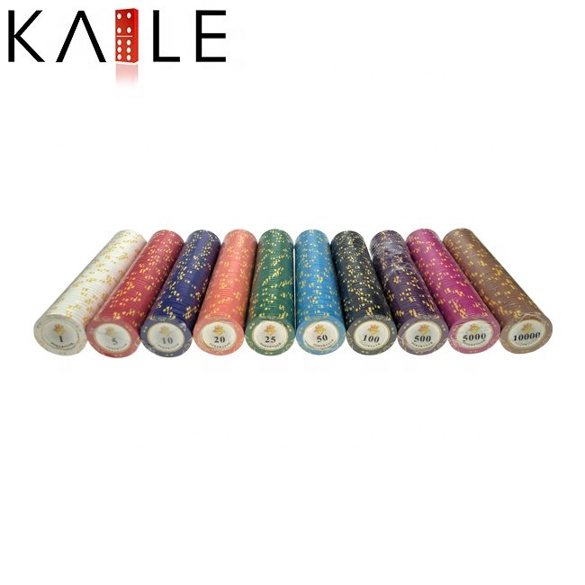 Factory wholesale true clay poker chips custom logo 14gram 40mm propesional chip with number value sticker for casino table game